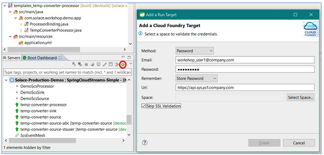 Configuring a connection to Cloud Foundry in STS(use button circled in red)